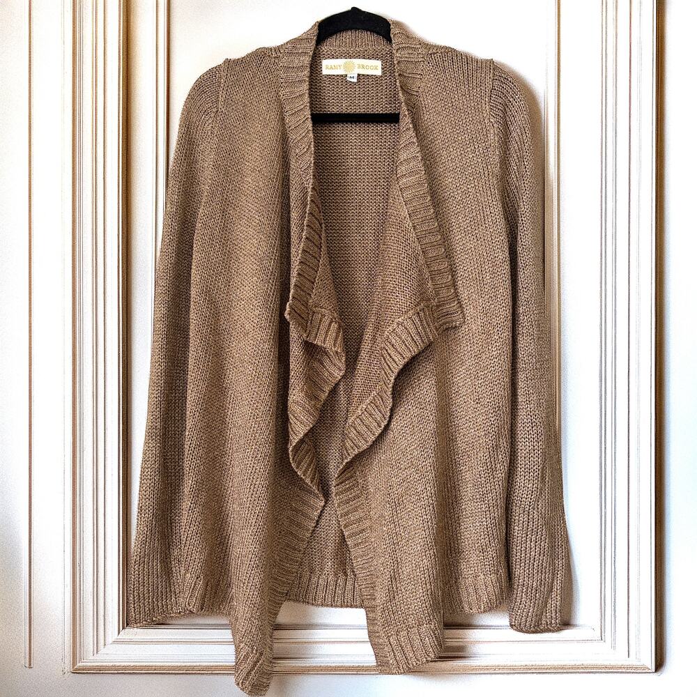 Ramy Brook Metallic Lurex Open Front Waterfall Cardigan Sweater Tan Gold Size M